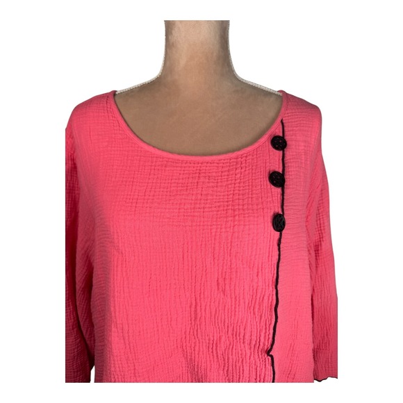 Ali Miles Womens 3X Tunic Top Pink Black Trim Gauzy Spring Summer Lagenlook - Picture 2 of 16